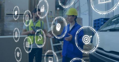 Warehouse team using augmented reality for inventory analytics and logistics efficiency