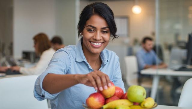 Smiling south asian woman reaching for apple from fruit bowl in modern open-plan office