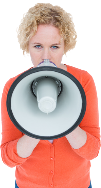 Blonde Woman Speaking into Megaphone Transparent Background - Download Free Stock Videos Pikwizard.com