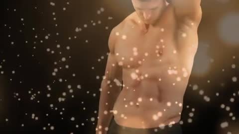 Slow-Motion Lookbook Clip Featuring Shirtless Male Model with Golden Bokeh Glow