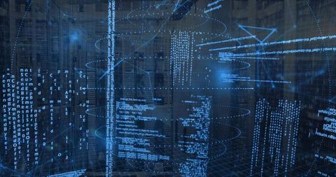 Holographic Data Visualization Projecting Around Server Racks with Blue Code Streams Wireframe