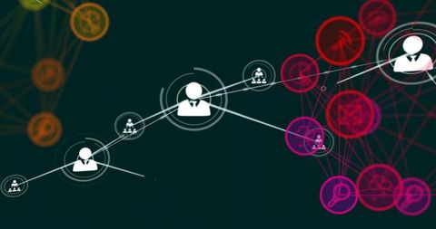 Neon network linking business avatars with pulsing nodes and data flow visualization