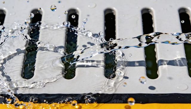 Flowing clear water splashing over white slotted drain grate at pool edge with yellow trim