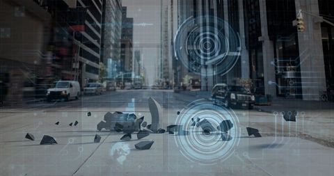 Futuristic Cityscape with Digital Interface Gauges