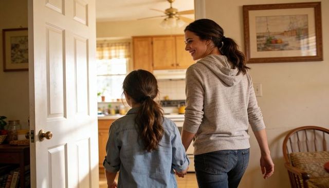Mother and daughter walking hand-in-hand into kitchen smiling back warm family home moment