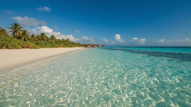 Tropical paradise beach with turquoise water and overwater bungalows