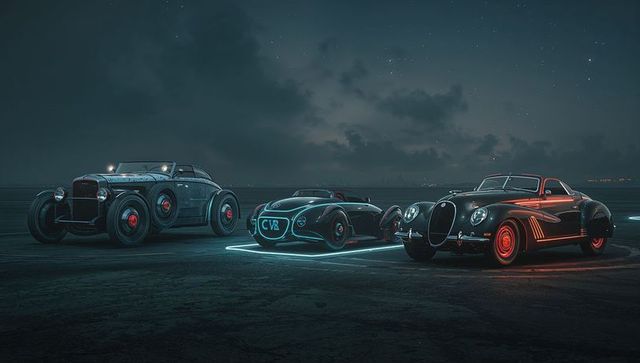 Neon-Lit Vintage Cars on Asphalt Runway at Night