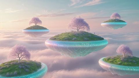 Floating islands in dreamy skyscape with cherry trees