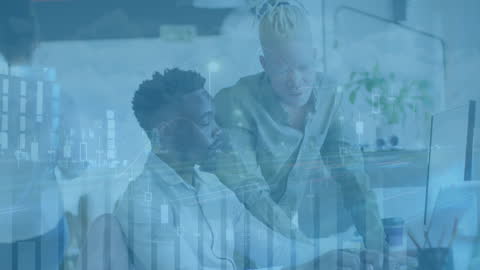 Diverse Team Collaborating with Digital Data Interface in Office