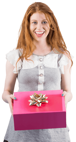 Smiling Redhead Presenting Red Gift Box with Transparent Background
