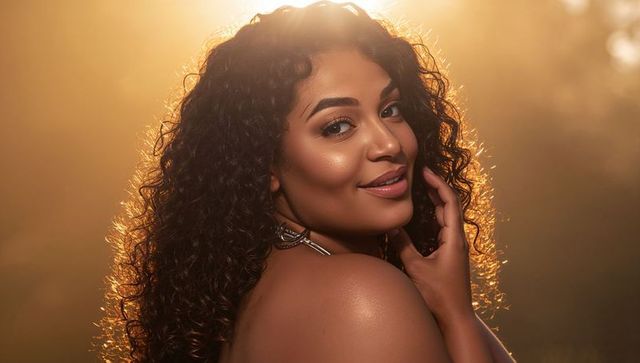 Golden-hour backlit portrait smiling woman with curly hair, glowing skin, metallic pendant