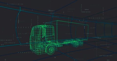 Futuristic semi-truck wireframe in binary data tunnel