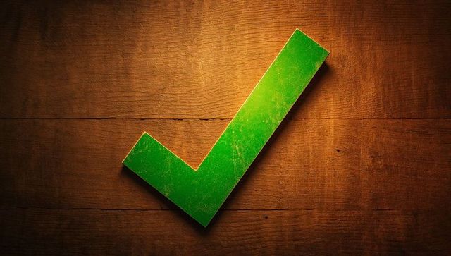 Green Check Mark on Rustic Wooden Surface with Amber Lighting
