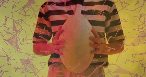 Athletic Woman in Striped Shirt Holding Rugby Ball with Digital Network Graphics