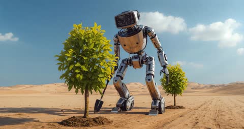 Futuristic Robot Digging around Saplings in Desert