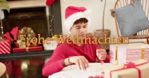 Caucasian Man Wrapping Christmas Gifts with Seasonal Cheer