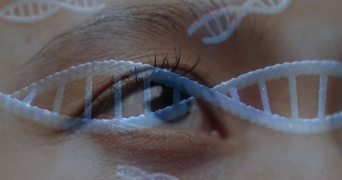 Close-up asian eye featuring dna helix overlay representing genetic research and biotech