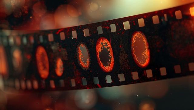 Vintage film strip with corroded frames and red-orange texture