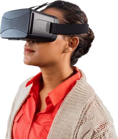 Focused Woman Using VR Glasses in Sweater on Transparent Background - Download Free Stock Videos Pikwizard.com