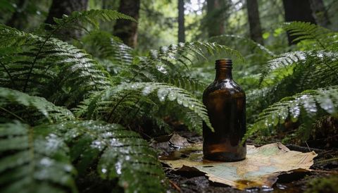 Amber glass bottle sitting on vintage map amid wet ferns in moody forest scene