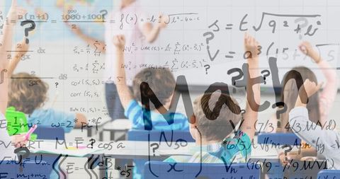Students Learning Math in Classroom with Equations Overlay