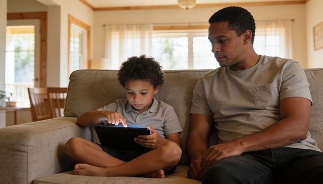 Father and son sharing tablet time on sofa at home teaching digital learning and bonding