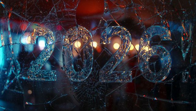 Faceted 2026 digits refracting neon light through shattered glass with radial crack