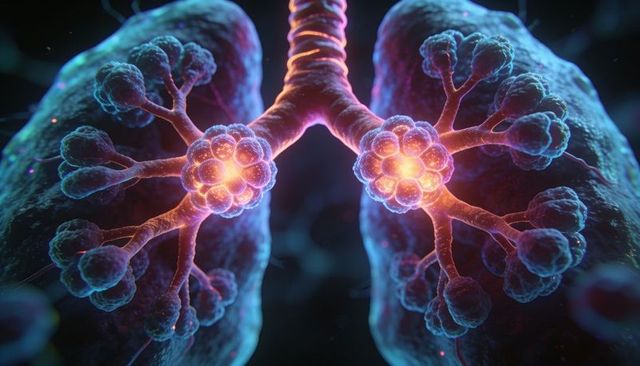 Glowing alveoli illuminating branching bronchi and bronchioles in lungs microscopic anatomy