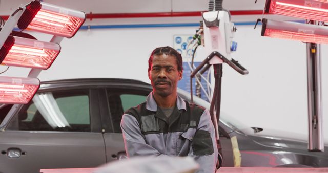 Portrait of african american male mechanic in car workshop. Panel beating, small business, work, labor, and workshop, unaltered.