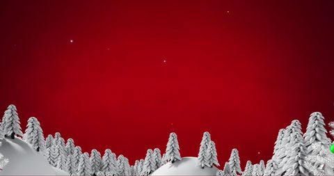 Christmas Snowy Landscape with Trees and Red Background