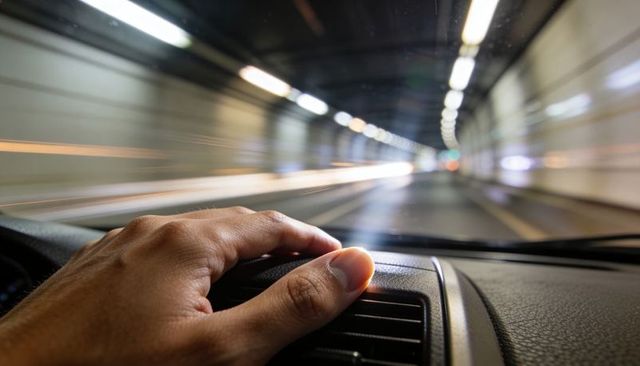 Left hand resting on dashboard while driving through illuminated tunnel, motion blur