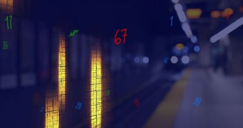 Glowing yellow panels on subway platform displaying red 67, bokeh tunnel depth, indigo