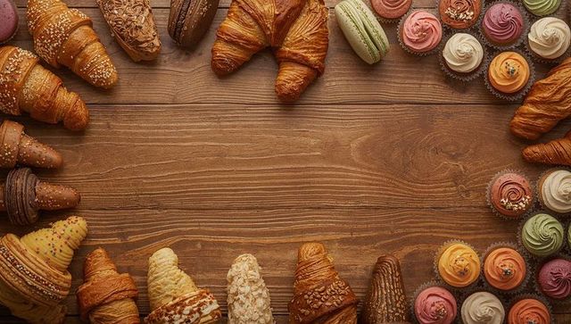 Pastry border framing rustic wooden tabletop with assorted croissants, cupcakes, macarons