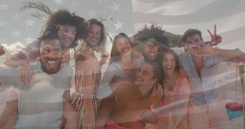 Diverse Friends Celebrating American Freedom on Beach