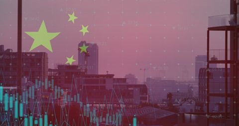 China flag overlaid on cityscape with financial graphs