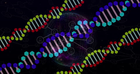 Rotating DNA Strand on Digital Interface Background