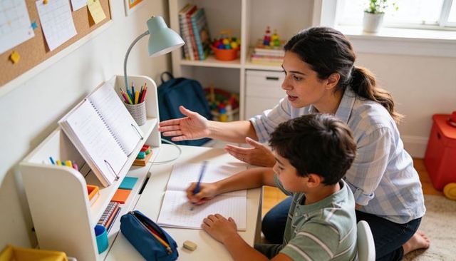 Woman tutoring boy at homework desk guiding writing and learning in cozy home study
