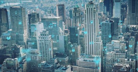 Futuristic Metropolis with Digital Network Overlays