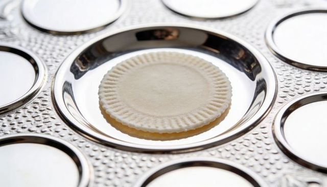 Pale pastry disc resting in chrome tart tray reflecting minimalist stainless surface