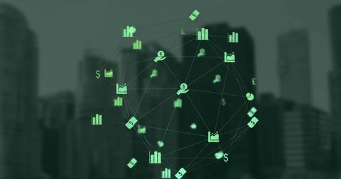 global finance networking with green financial icons against urban skyline - Download Free Stock Images Pikwizard.com