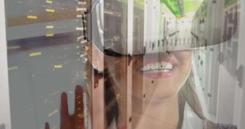 Woman Experiencing Virtual Reality in Data Center Environment