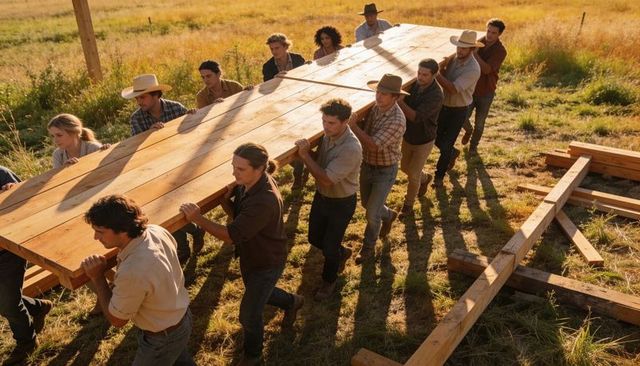 Community carrying large wooden wall panel during barn raising at golden hour, teamwork