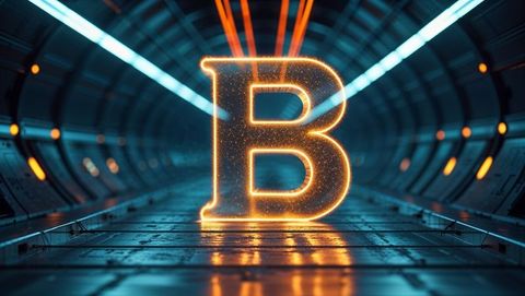 Futuristic metaverse: glowing orange letter b symbol in high-tech tunnel