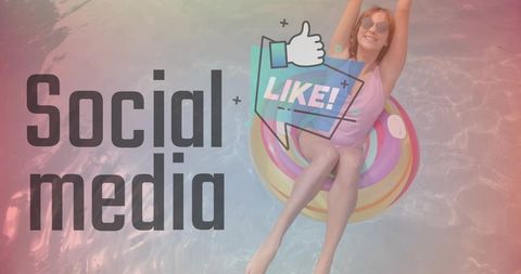 Smiling woman raising arms on rainbow inflatable float in pool with social media like