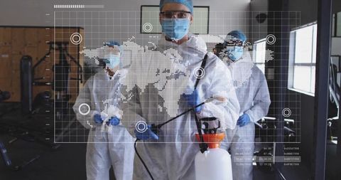 Disinfection Technicians Sanitizing Gym with Digital World Map Overlay