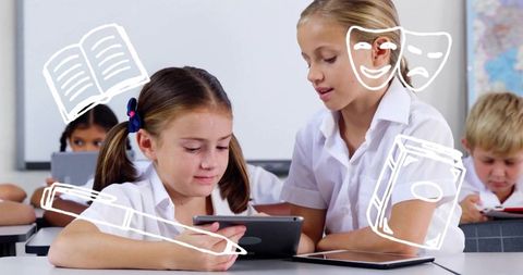 Students Collaborating on Tablets in Classroom Learning with Digital Devices and Teamwork