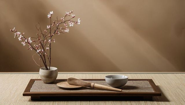 Displaying minimalist tea-ceremony still life on tatami with bamboo whisk and ceramic bowl
