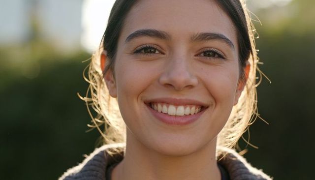 Young woman smiling in warm rim light outdoor portrait closeup headshot natural smile