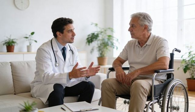 Doctor consulting with senior man in wheelchair during home visit, geriatric conversation