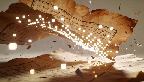 Torn parchment transforming into glowing pixel stream, vintage manuscript digitization concept
